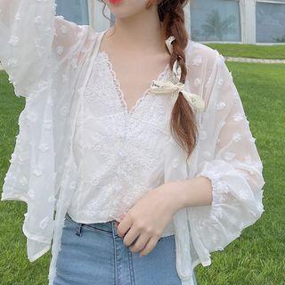 Balloon-sleeve Open-front Chiffon Light Jacket