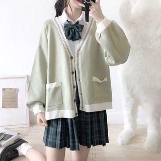 V-neck Contrast Trim Cardigan Green - One Size