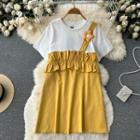 Short-sleeve Round-neck Ruched Mock Two-piece Dress