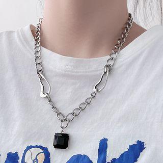 Square Rhinestone Pendant Stainless Steel Necklace Silver - One Size