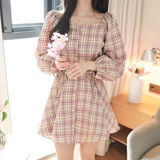 Off-shoulder Tie-cuff Plaid Minidress