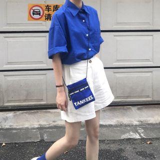 Plain Elbow Sleeve Shirt Sapphire Blue - One Size
