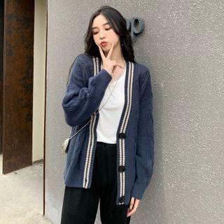 Striped Trim Cable Knit Cardigan