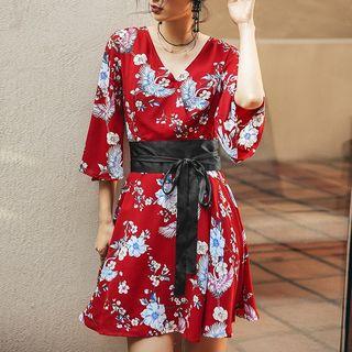 Elbow-sleeve Floral Print Tie-waist Mini A-line Dress