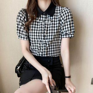 Short-sleeve Peter-pan Collar Plaid Blouse