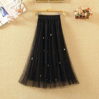 Faux-pearl Detail Mesh Midi A-line Skirt