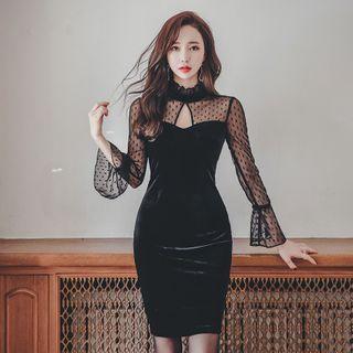 Dotted Panel Long-sleeve Mini Sheath Dress
