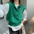 V-neck Loose-fit Knit Vest Green - One Size