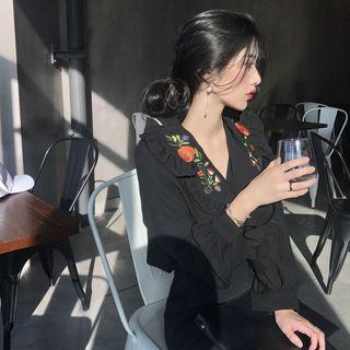 Rose Embroidered V-neck Long-sleeve Top
