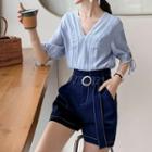 Elbow-sleeve V-neck Blouse / High-waist Shorts