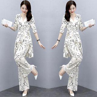 Elbow-sleeve Print Top / Pants / Set