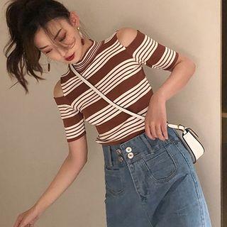 Cold-shoulder Striped Knit Top