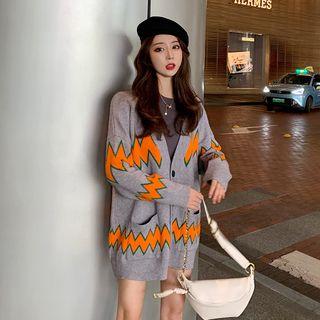 V-neck Chevron Print Cardigan Gray - One Size