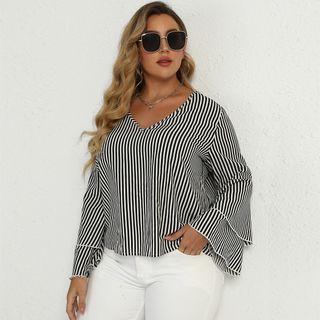 Plus-size Bell-sleeve Striped V-neck Blouse