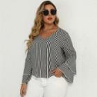 Plus-size Bell-sleeve Striped V-neck Blouse