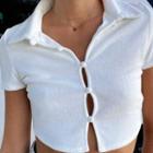 Short-sleeve Collared Button-up Crop Top