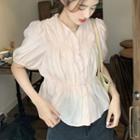 Puff-sleeve V-neck Ruffled Trim Blouse Top - Pink - One Size