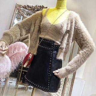 Set: Furry Cardigan + Knit Camisole Camel - One Size