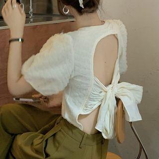 Short-sleeve Open Back Top Beige - One Size