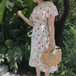 Cherry Print Cold-shoulder Wrap Chiffon Dress