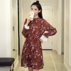 Floral Print Lace Panel Bell-sleeve Dress
