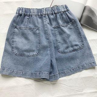 Band-waist Pocket Denim Wide-leg Shorts Blue - One Size