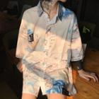 3/4-sleeve Map Printed Shirt As Shown In Figure - One Size