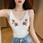 Floral Embroidered Spaghetti Strap Knit Top