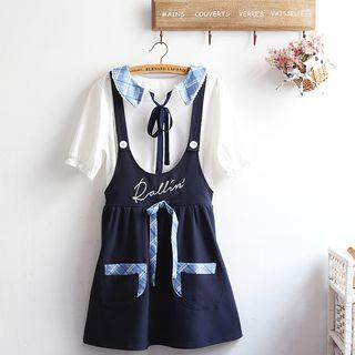 Set: Plaid Panel Short Sleeve Collared Top + Letter Embroidered Pinafore Dress