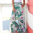 Lace Up Flower Printed Wide Leg Pants