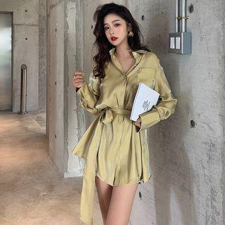 Metallic Long-sleeve Slim-fit Shirt / Shorts