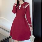 Long-sleeve Pleated Peter Pan Collar Contrast Elastic Waist Knit Dress
