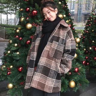 Plaid Long Coat Coffee - One Size
