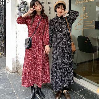 Dotted Band Collar Midi Shirtdress
