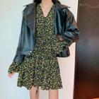 Faux Leather Zipped Jacket / Bell-sleeve Floral Dress