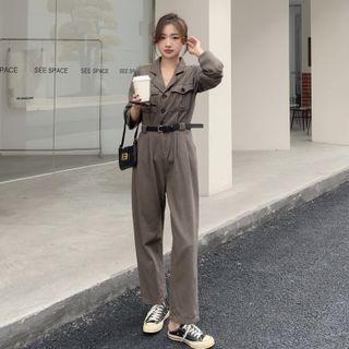 Set: Long-sleeve Shirt Jumpsuit + Belt