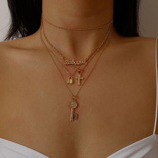 Alloy Lettering Padlock Lock & Key Pendant Layered Choker Necklace 0447 - Gold - One Size