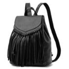 Fringed Trim Drawstring Faux-leather Backpack
