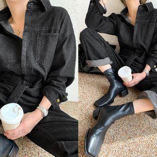 Zipped Denim Jumpsuit With Sash Black - One Size