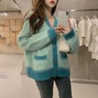 Two-tone Fluffy Cardigan Mint Green & Blue - One Size