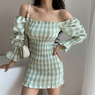 Long-sleeve Cold Shoulder Checked Shirred Mini Bodycon Dress