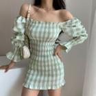 Long-sleeve Cold Shoulder Checked Shirred Mini Bodycon Dress