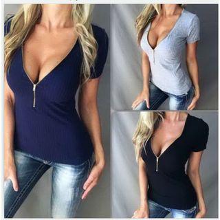 Half-zip V-neck Short-sleeve T-shirt