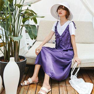 Set: Crew-neck Short-sleeve T-shirt + V-neck Ruffle Trim Spaghetti Strap Dress