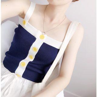 Contrast Trim Wide-strap Buttoned Knit Top