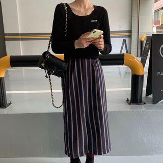 Cropped Long-sleeve Top / Striped Midi Straight-fit Skirt