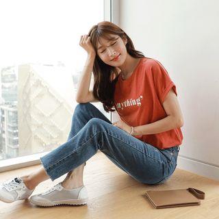 Rollup-sleeve Letter-printed T-shirt