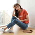 Rollup-sleeve Letter-printed T-shirt
