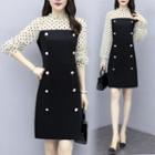 Long-sleeve Dotted Panel Double-breasted Sheath Dress