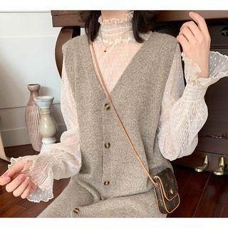 Sheer Stand Collar Dotted Mesh Blouse